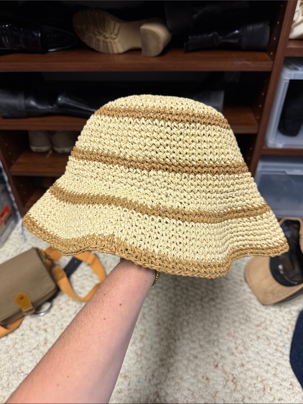 Womens Lightweight Crochet Bucket Hat in Cream and Brown